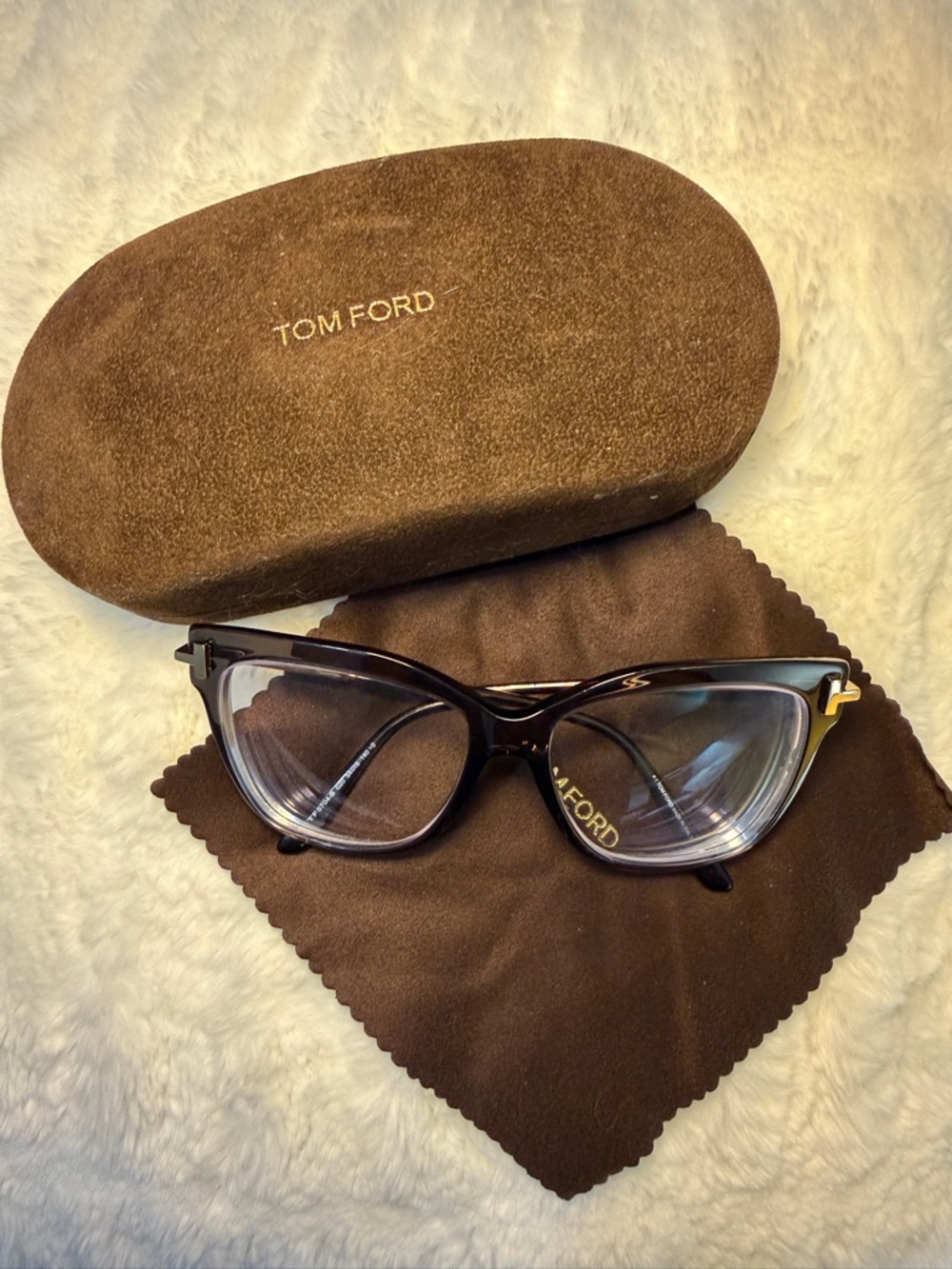 Tom Ford Women’s Cat-Eye Glasses in Dark Brown with Gold Accents